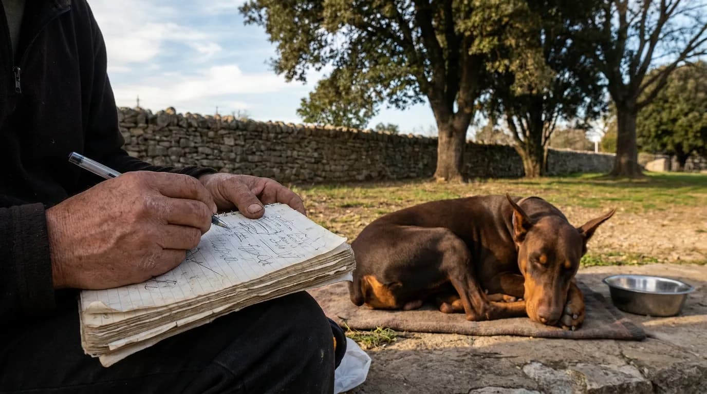 An owner writes in a notebook while a Doberman rests nearby.