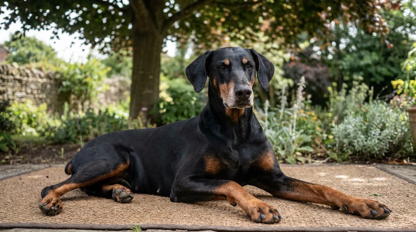 An older black-and-rust Doberman rests on a garden mat.