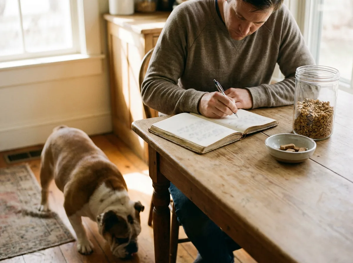 Owner recording a food history at a table with a Bulldog nearby