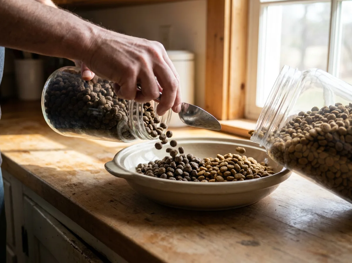 Two types of kibble being combined in one serving bowl