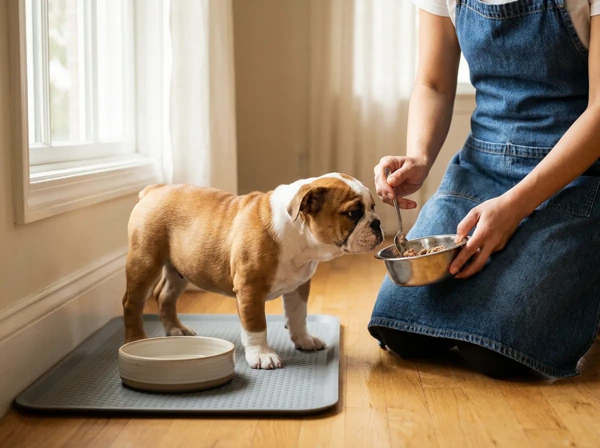 Young Bulldog beside a meal bowl while an adult prepares food
