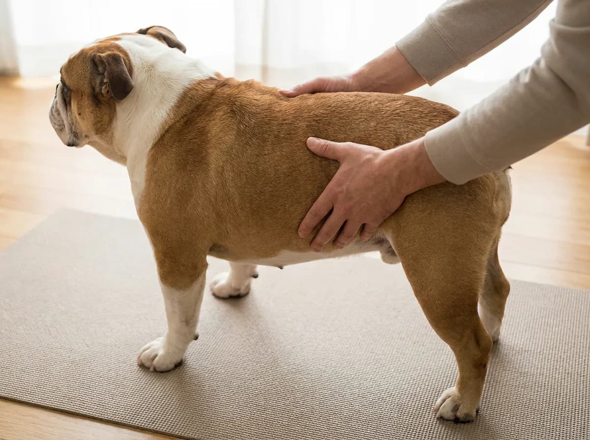 Adult gently feeling the sides of a standing Bulldog’s body