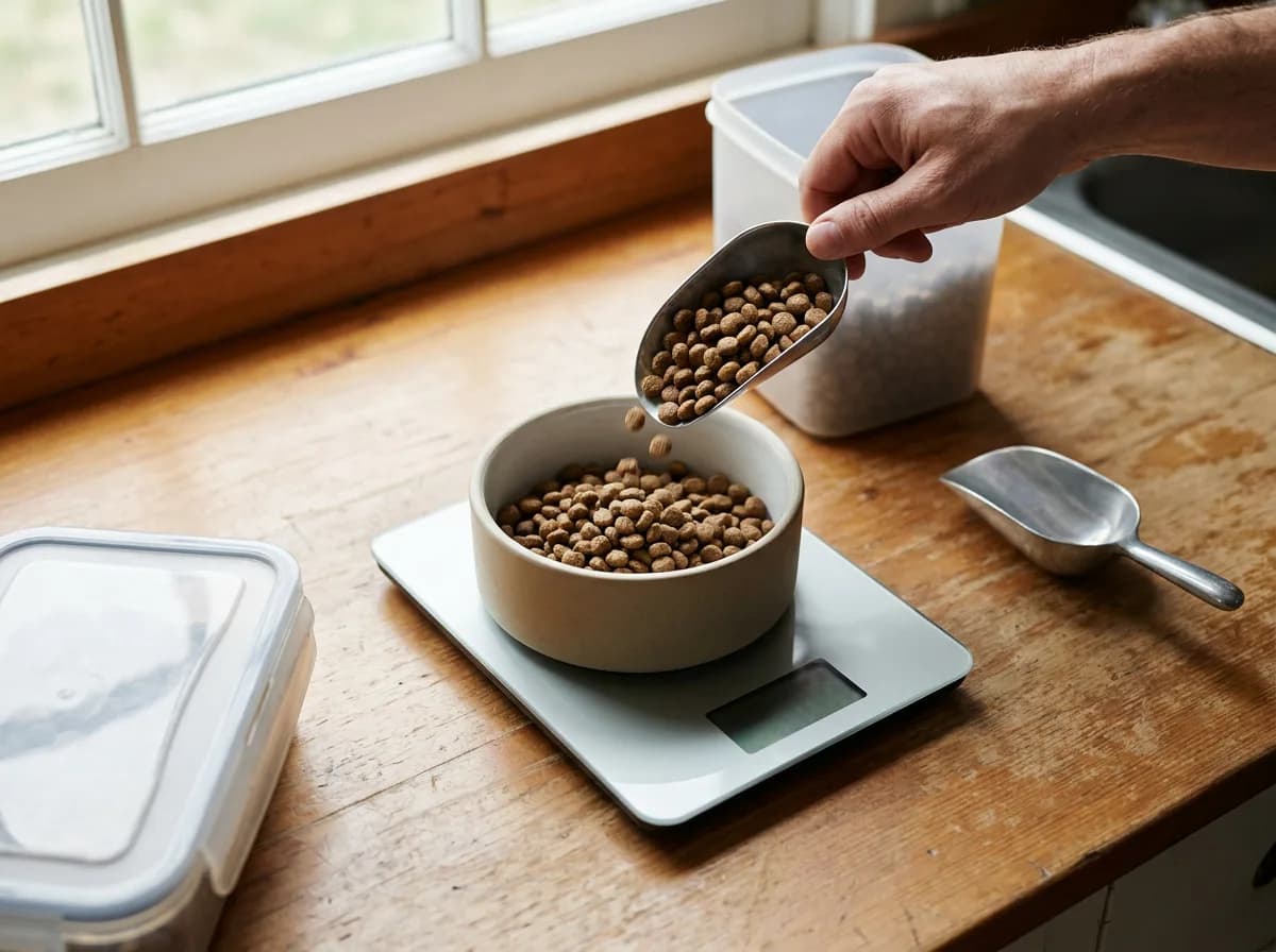 Kibble being added to a bowl on a kitchen scale