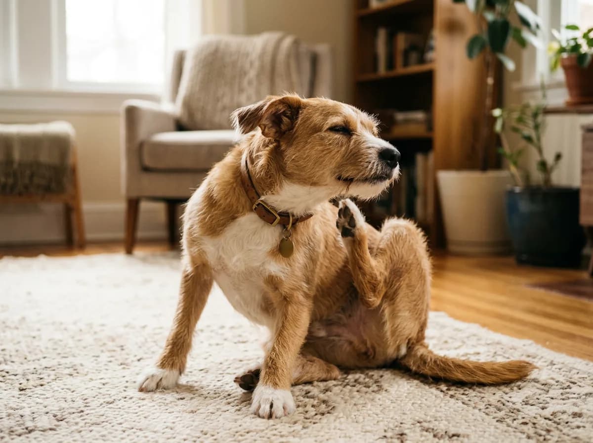 A dog scratching behind its ear at home, showing the itchy-skin sign owners often notice with a food reaction