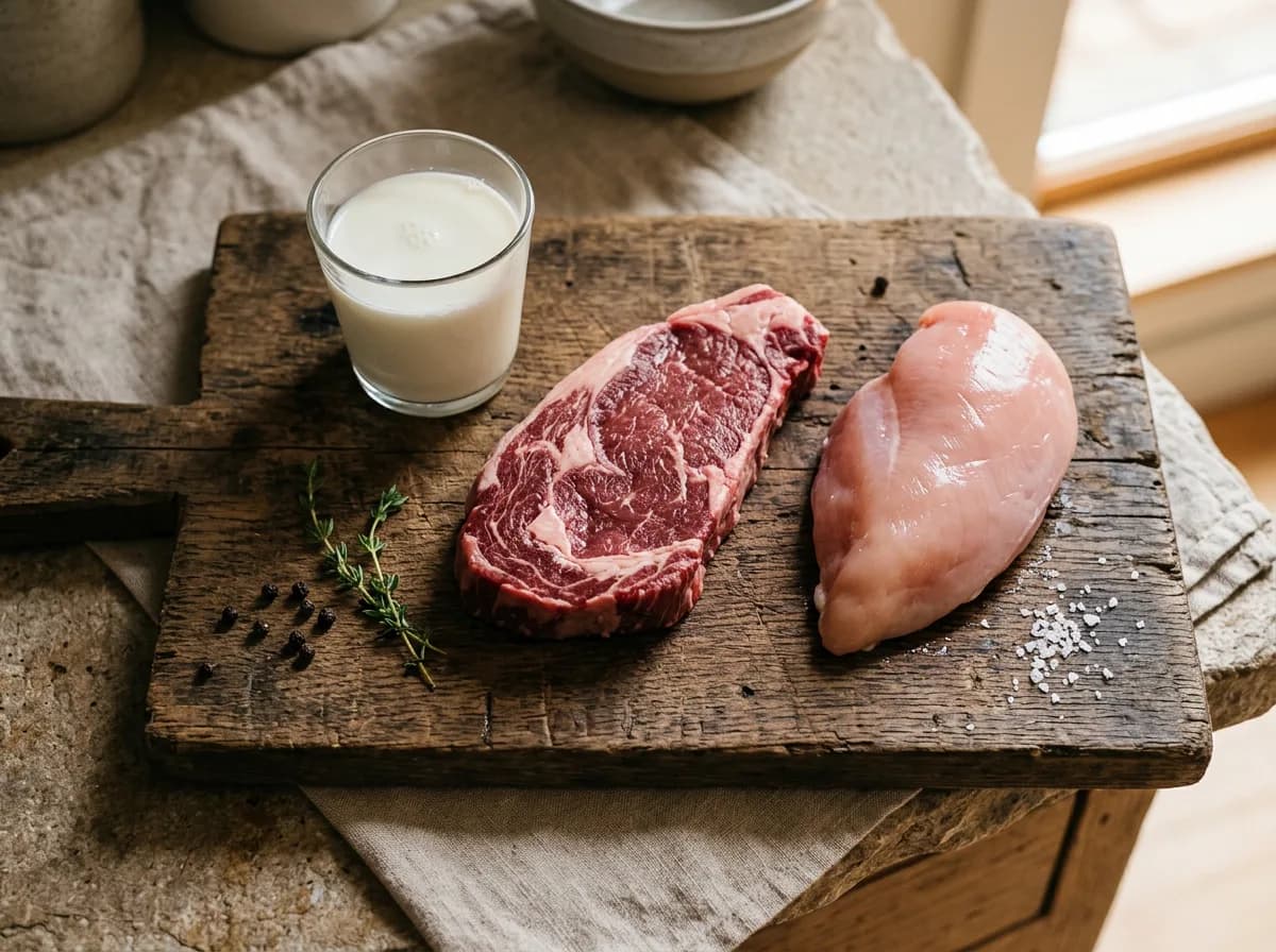 The three most common canine food allergens shown as real ingredients: a cut of beef, a glass of milk, and raw chicken