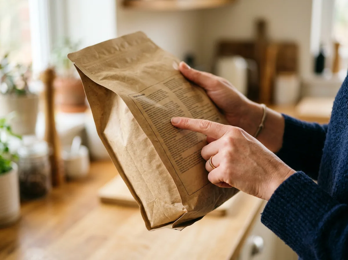 A person pointing at the ingredient panel on a bag of dog food, checking the first named protein