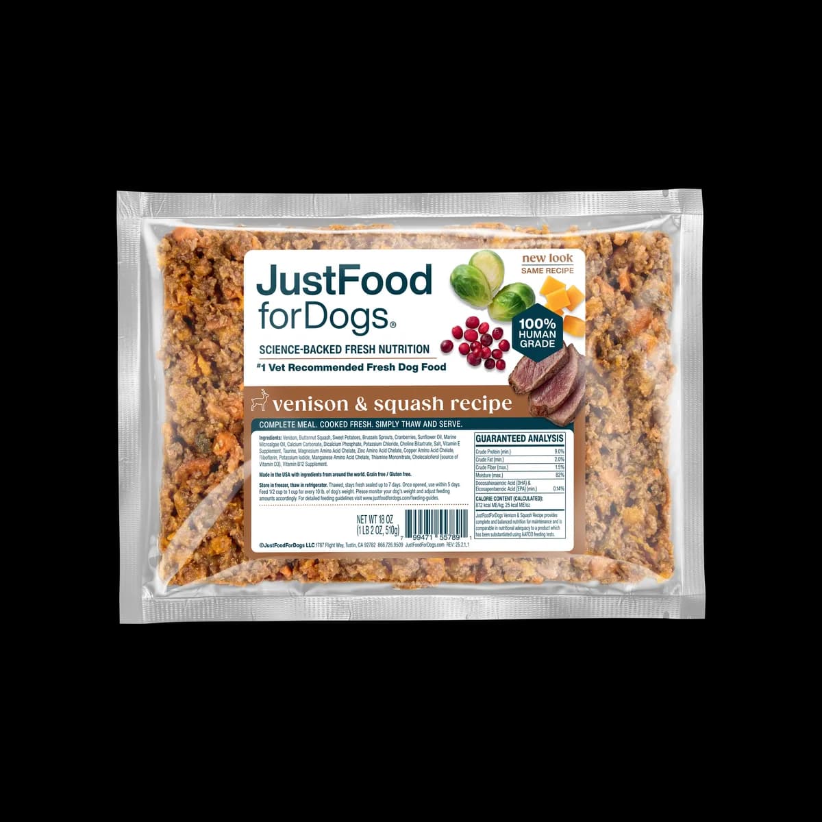 A package of JustFoodForDogs Venison and Squash Fresh Frozen novel-protein recipe