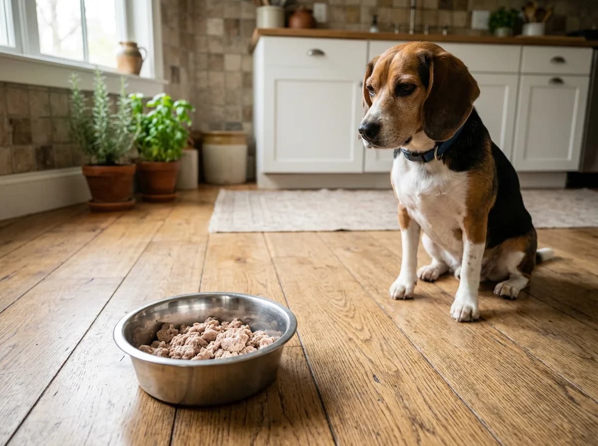 A single bowl of a plain single-protein meal with a calm dog waiting, representing a strict elimination-diet trial