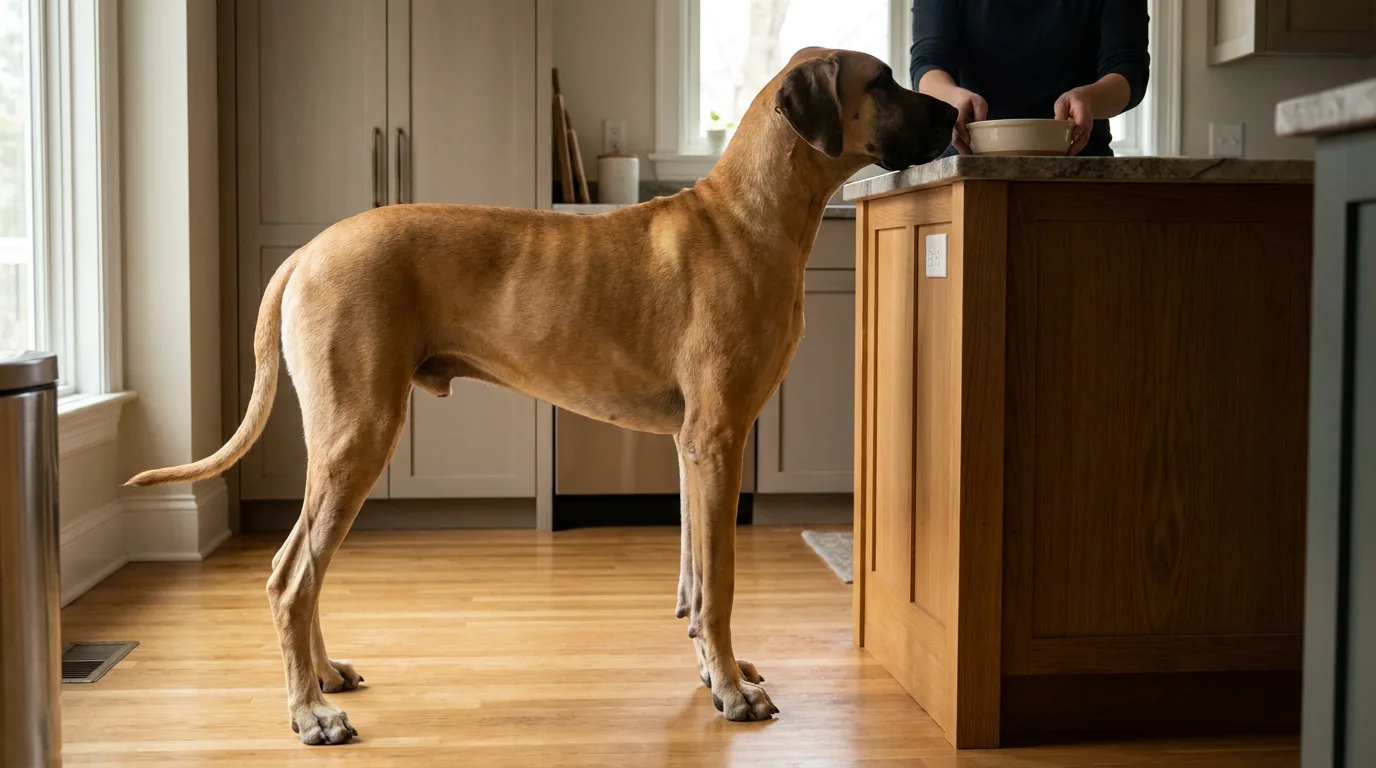 An adult fawn Great Dane stands beside a kitchen counter.
