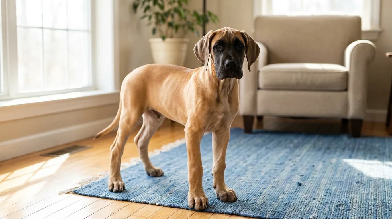 A fawn Great Dane puppy stands on a blue rug.