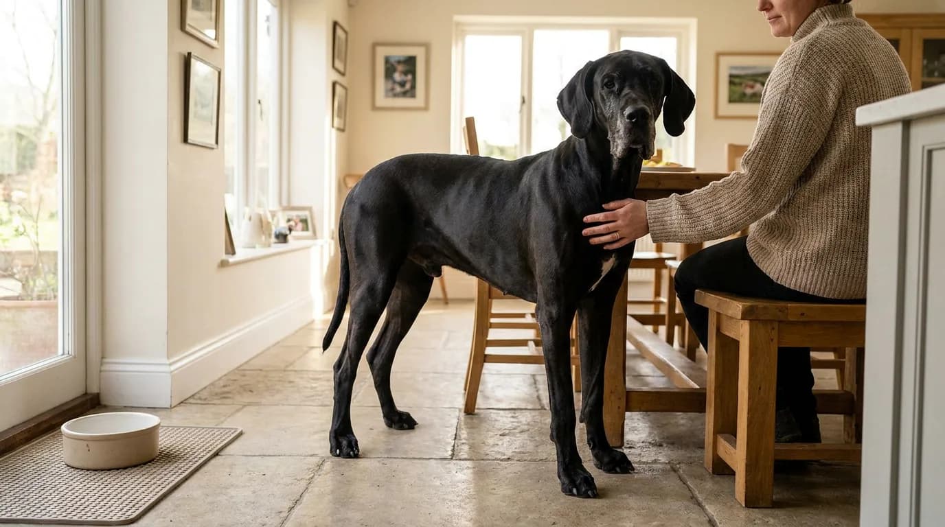 A black Great Dane stands beside its seated owner.