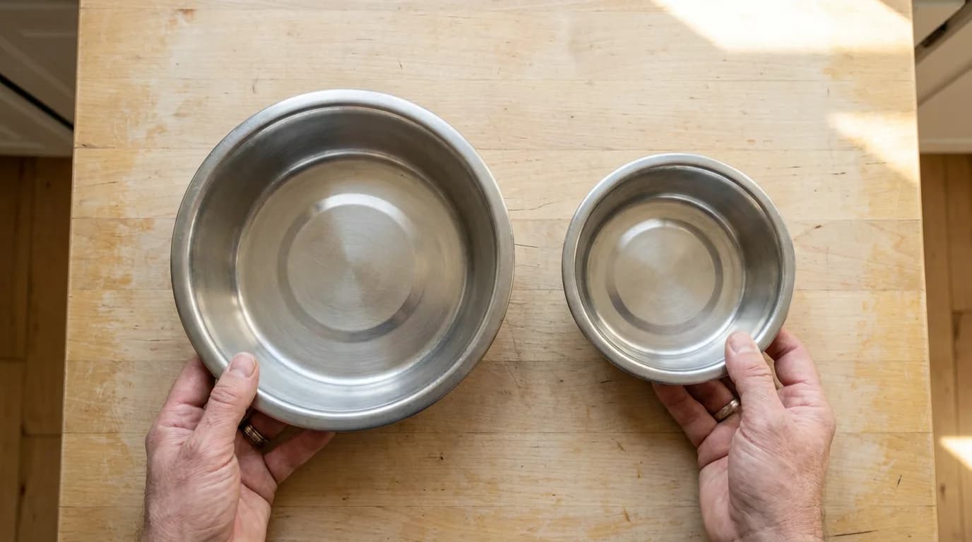 An owner holds two empty steel bowls of different capacities.