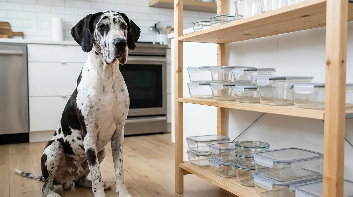 A harlequin Great Dane sits beside a shelf of reusable containers.