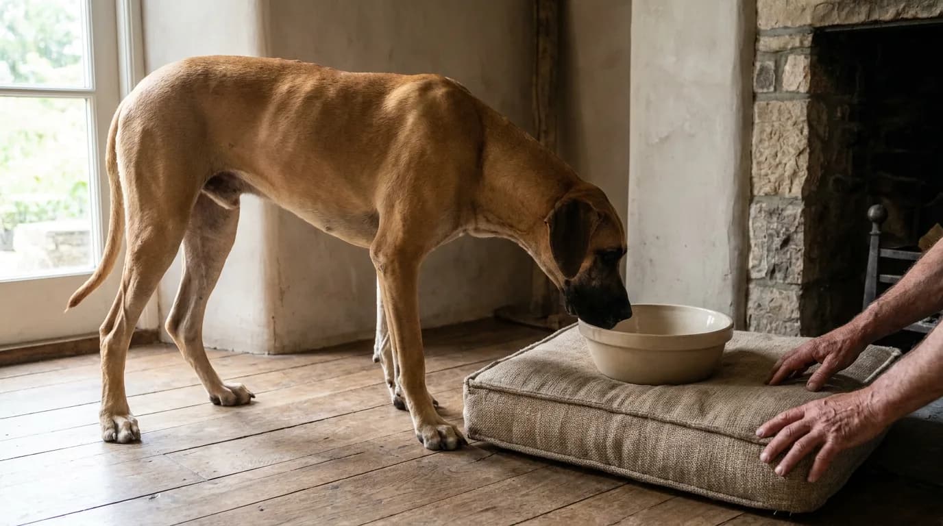 An adult Great Dane approaches a dish in its feeding area.