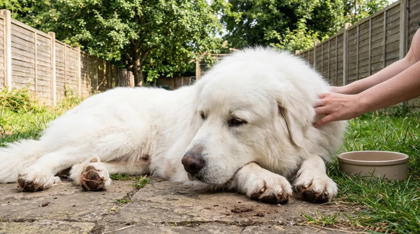 A Great Pyrenees rests in a garden beside its owner.