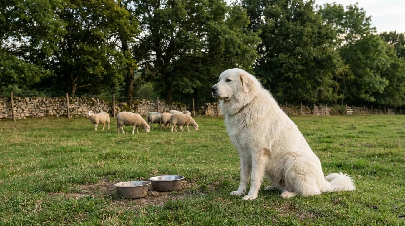 A Great Pyrenees sits near sheep in a pasture.