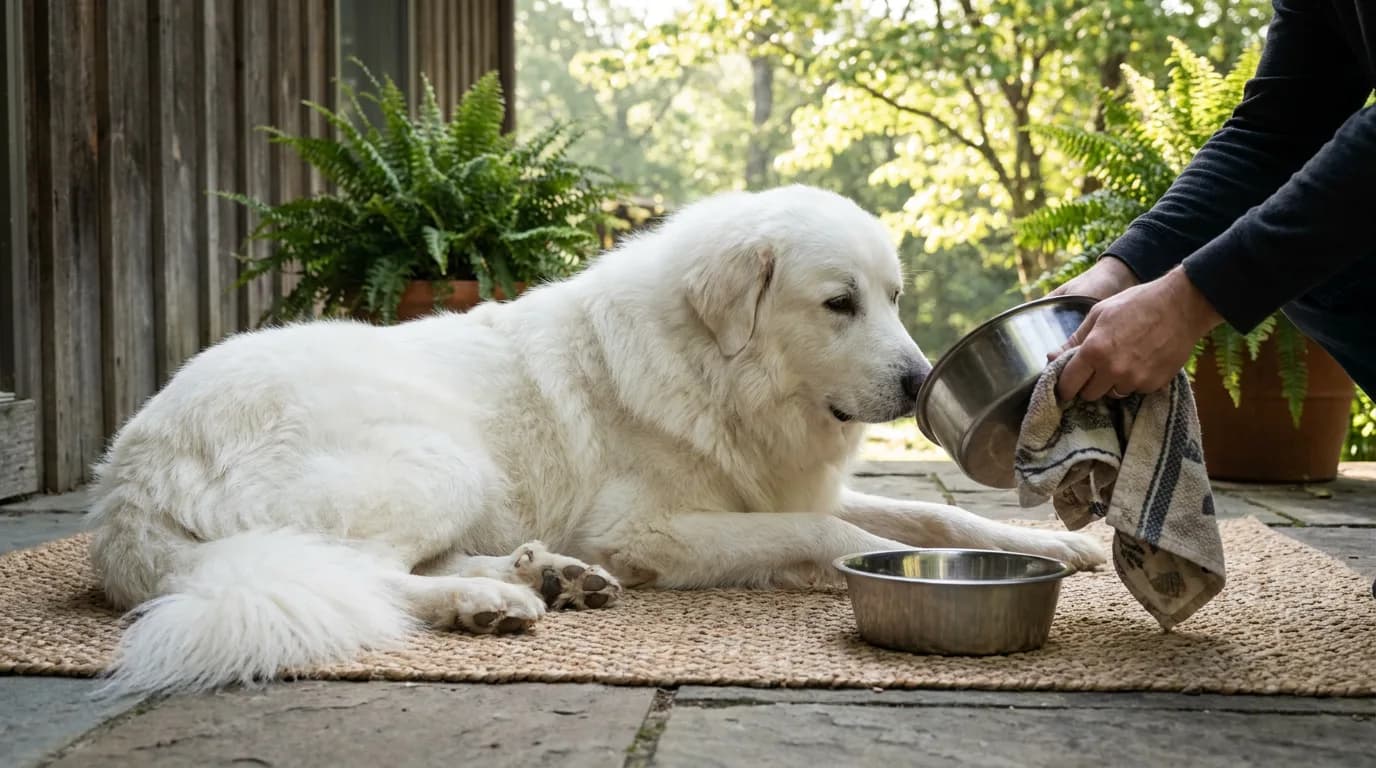 A Great Pyrenees rests while an owner dries a bowl.