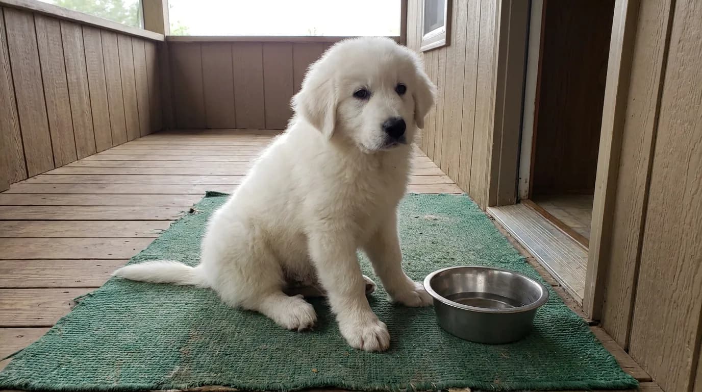 A Great Pyrenees puppy sits beside a dish on a porch mat.