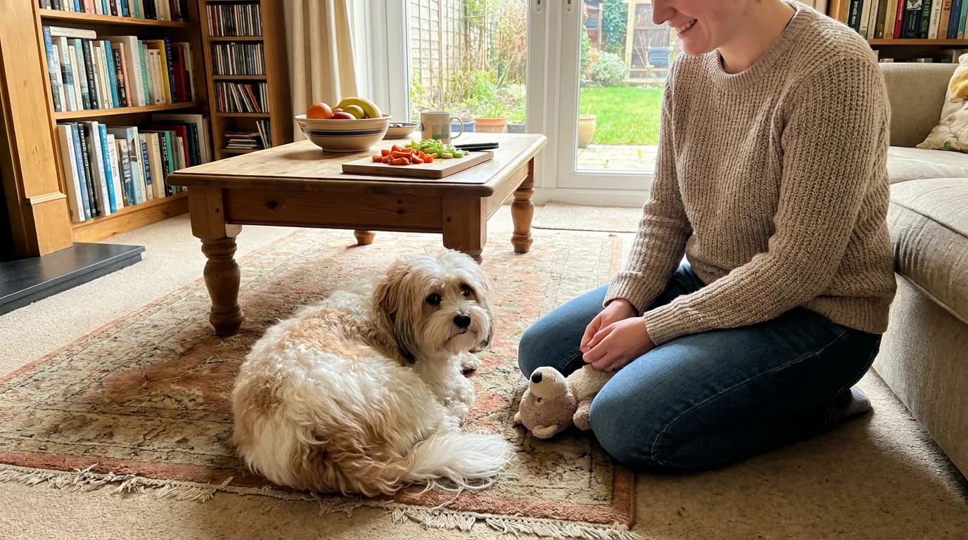 A Havanese rests beside its owner and a toy.