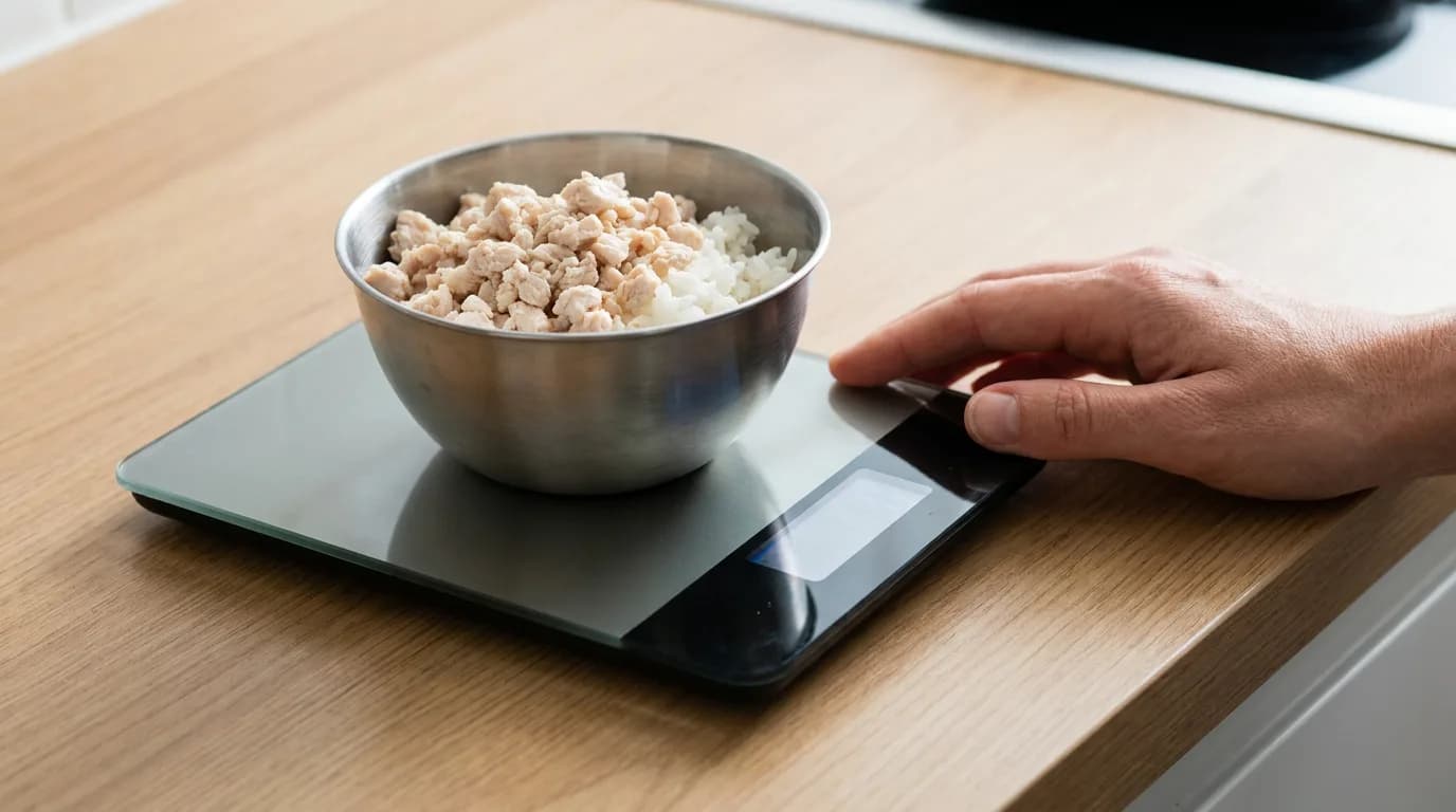 A small portion of cooked dog food on a digital scale.