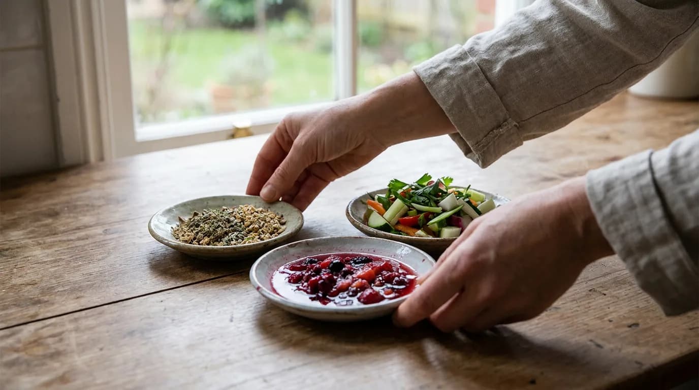 Hands arrange small bowls of different food textures.
