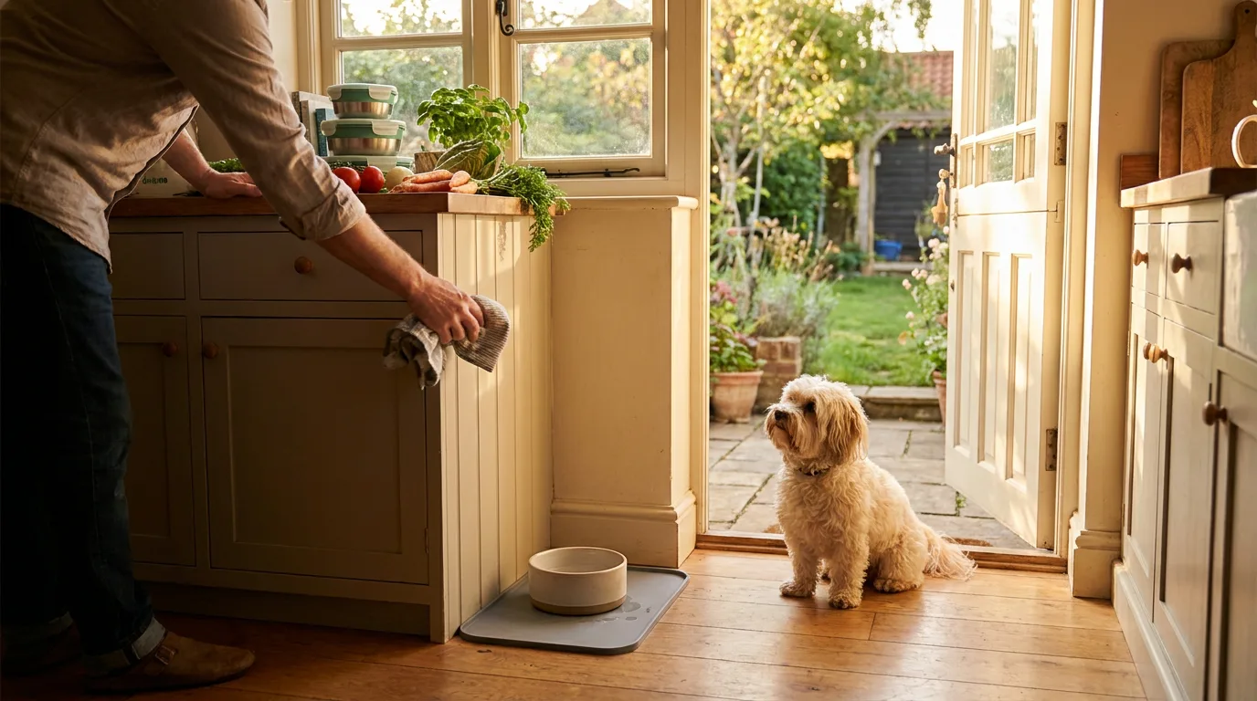 A Havanese waits beside a clean bowl in a kitchen.