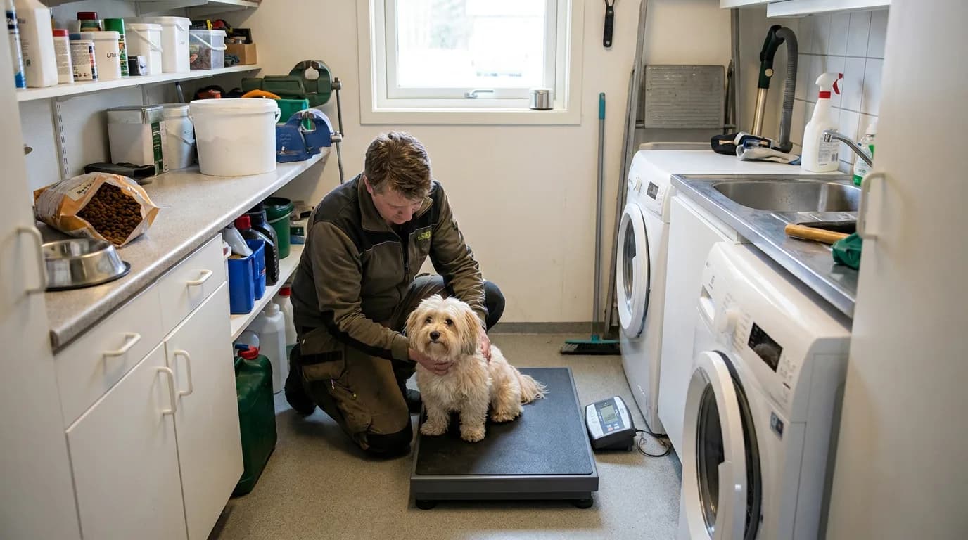 A Havanese stands on a veterinary scale beside its owner.