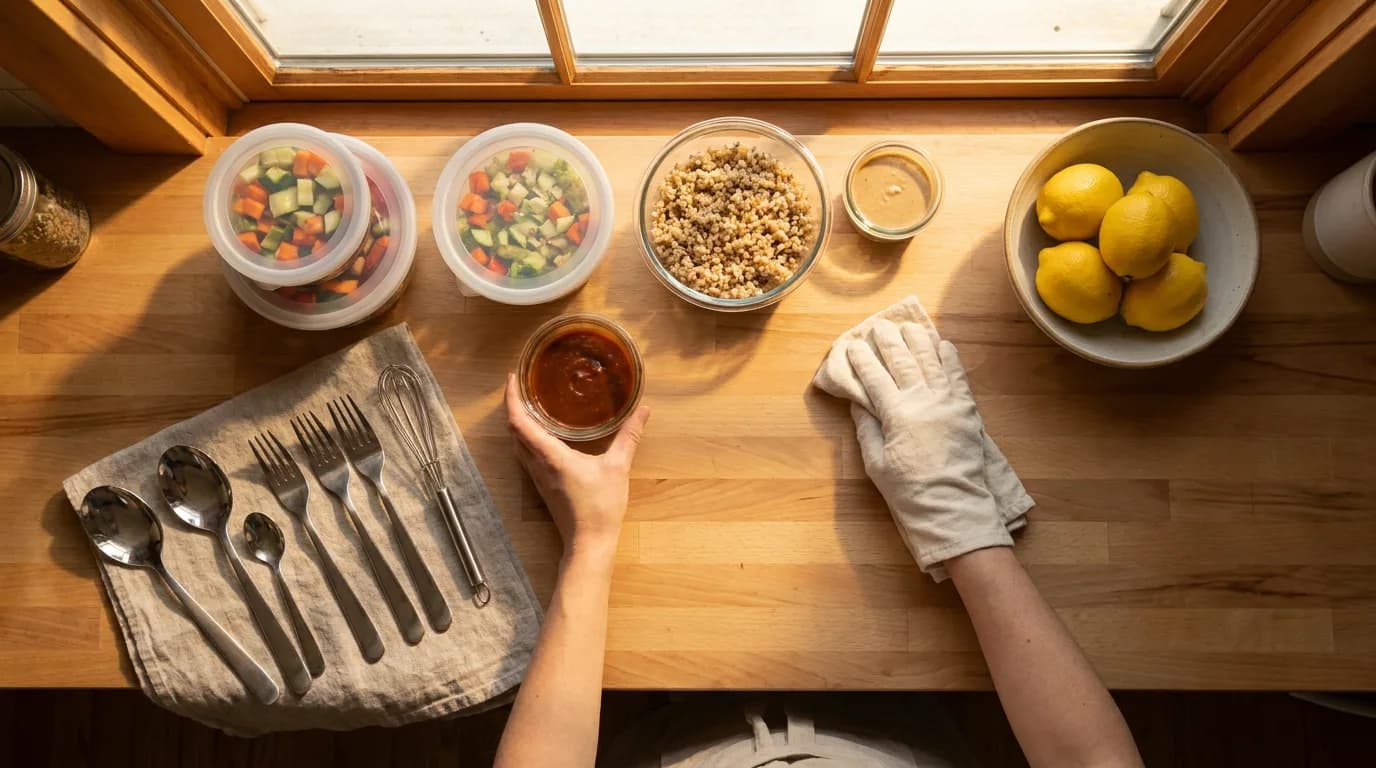 Small covered containers of prepared meals on a counter.