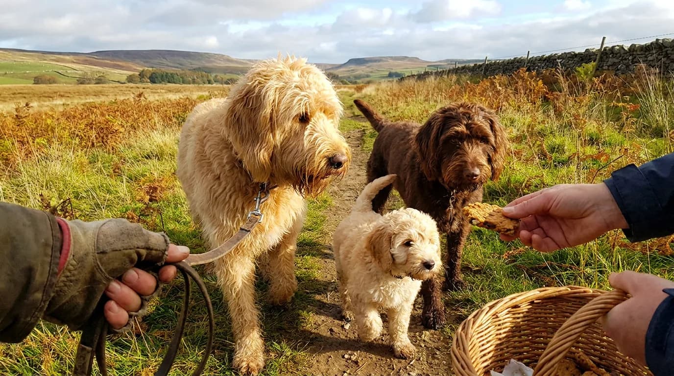 Three Labradoodles of different sizes stand together outdoors.