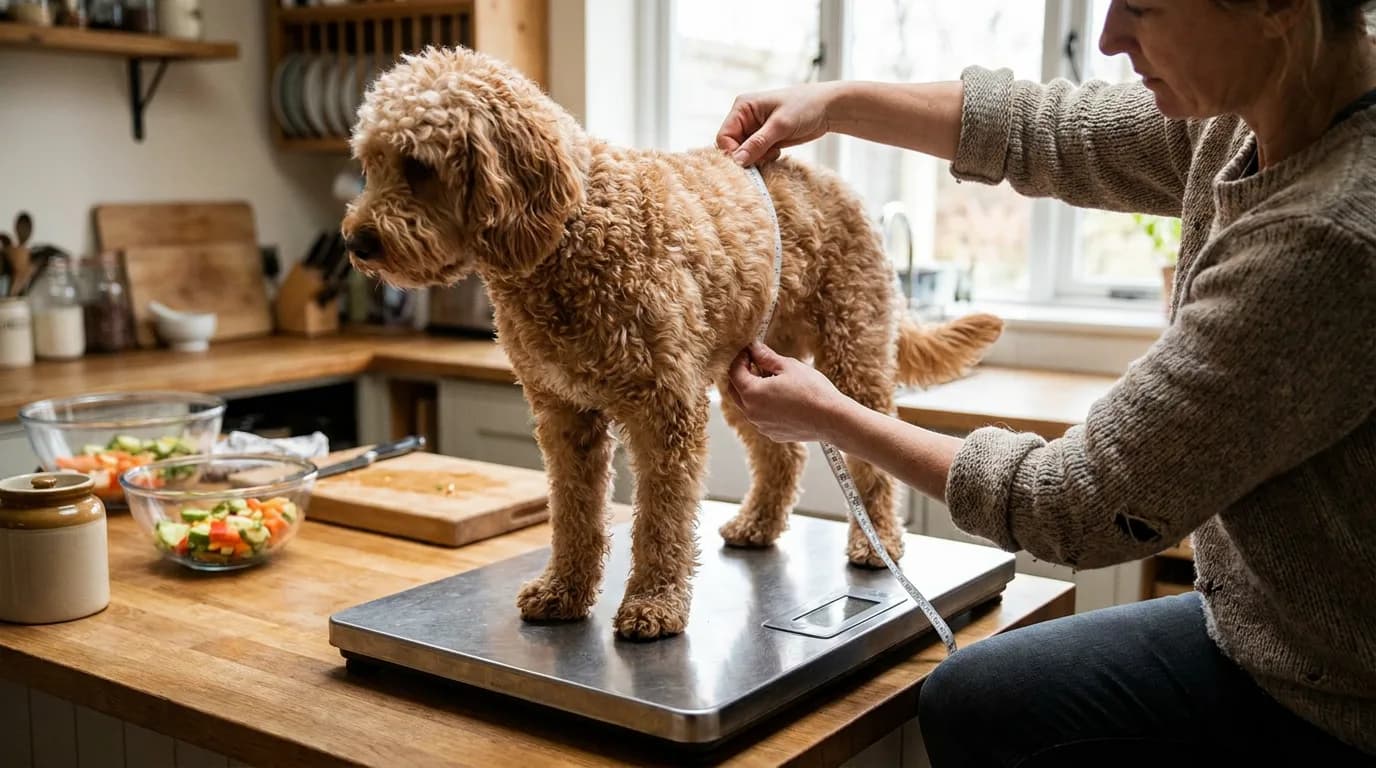 A person gently checks a Labradoodle's body condition.