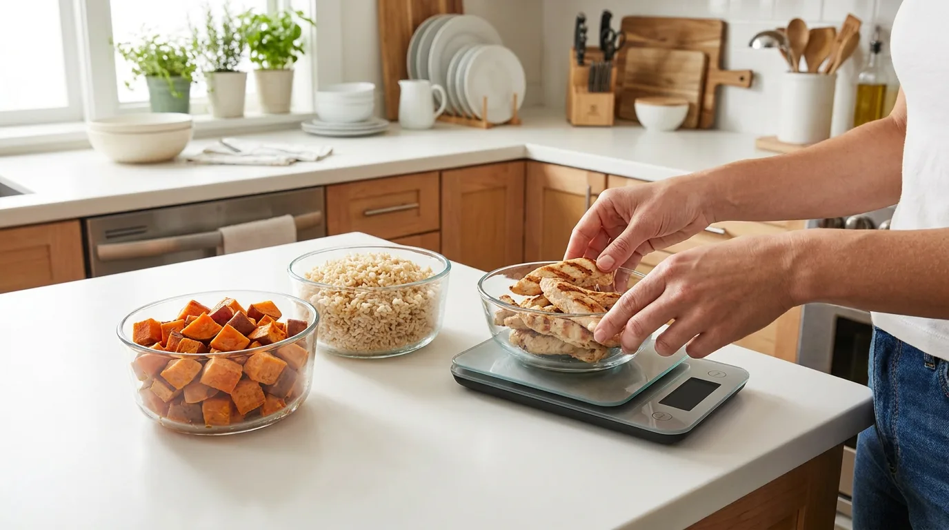 A person weighs a portion of cooked chicken beside rice and vegetables.