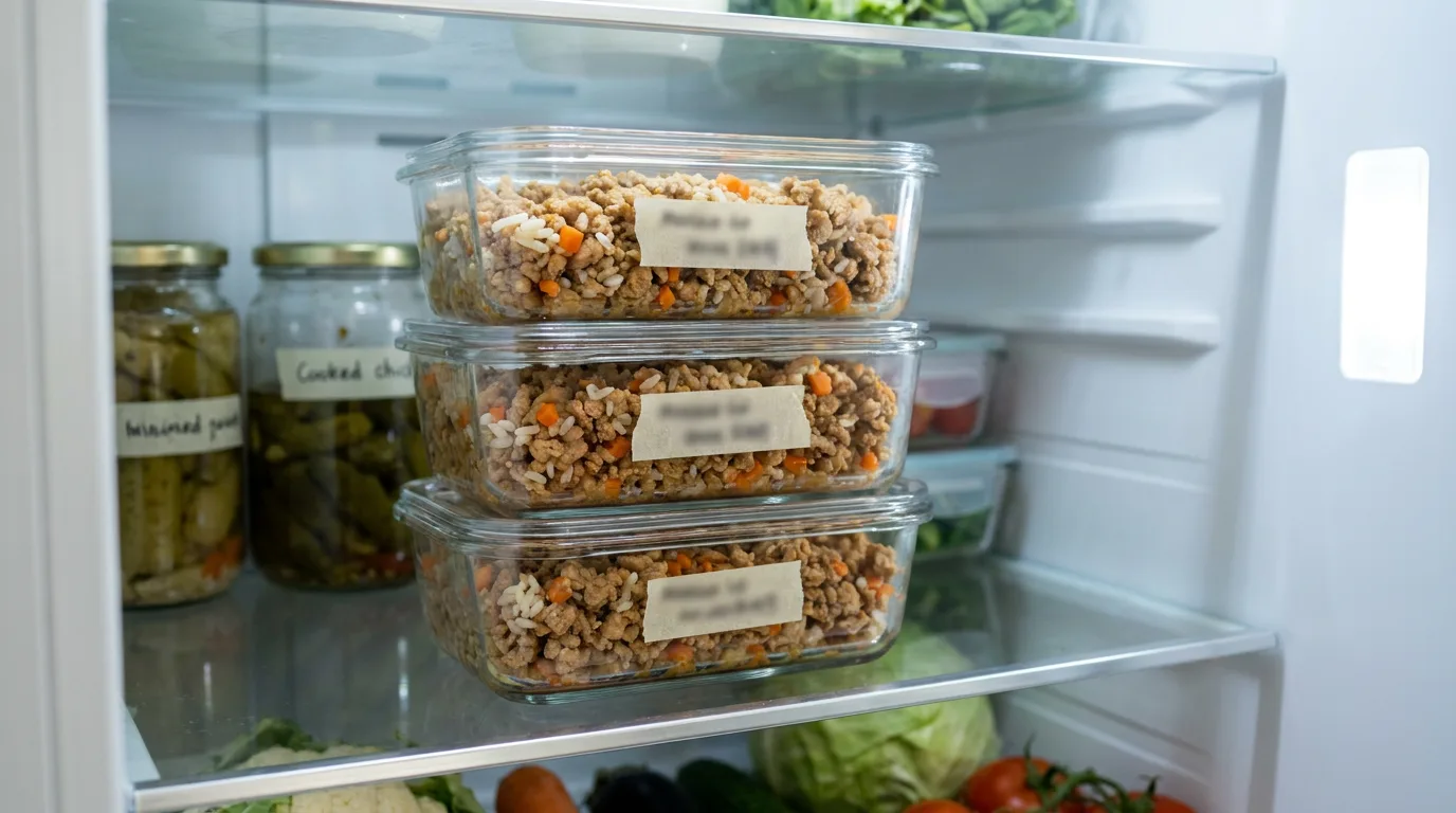 Sealed containers of cooked dog food sit on a refrigerator shelf.