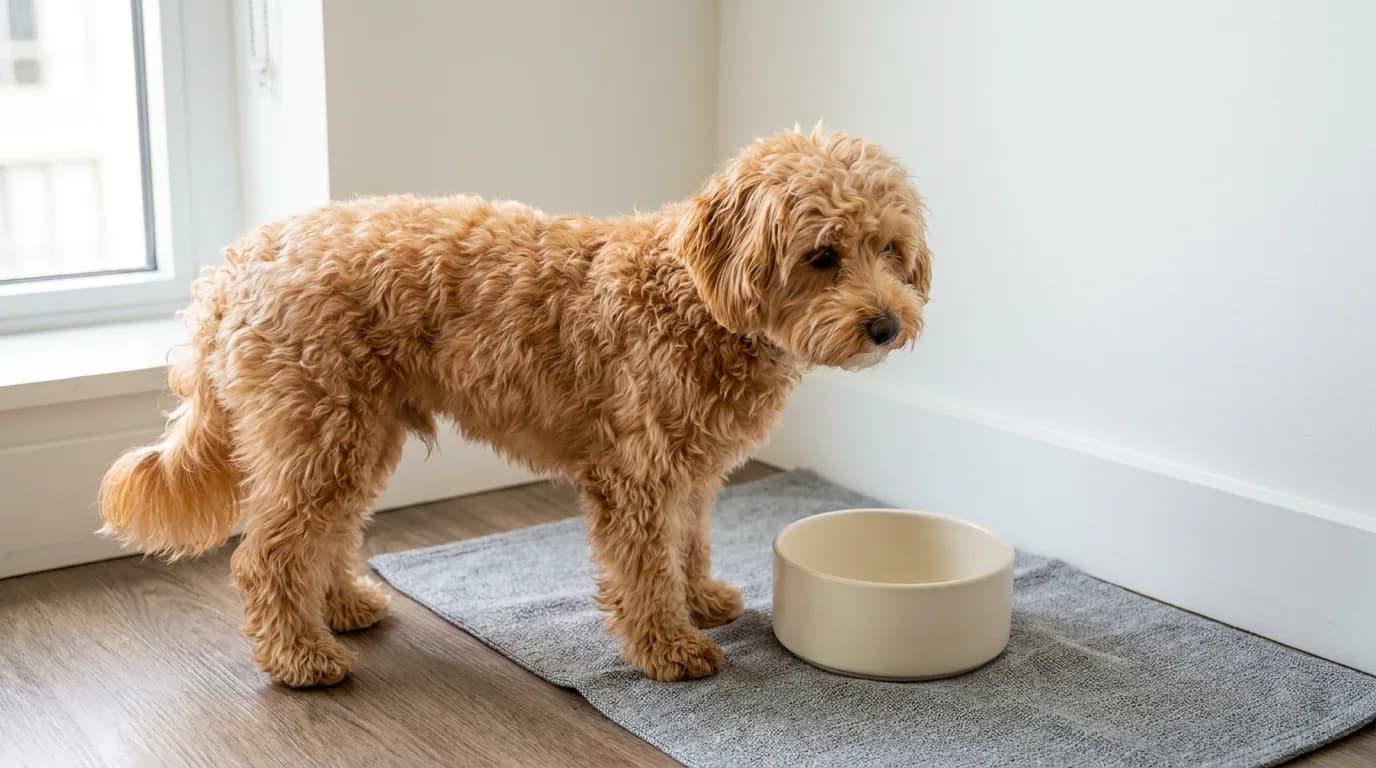 An apricot Maltipoo stands beside a dish on a washable mat.