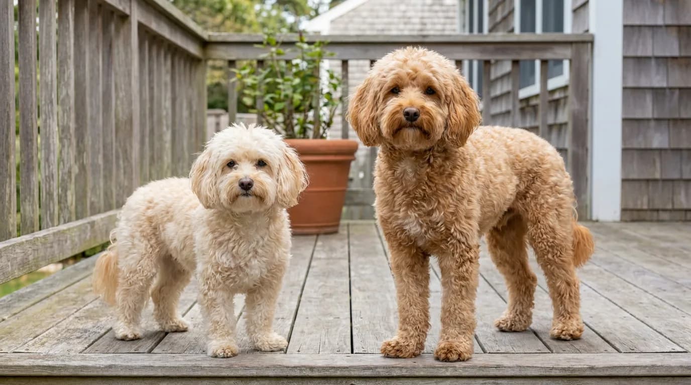 Two adult Maltipoos of different sizes stand on the same level deck.