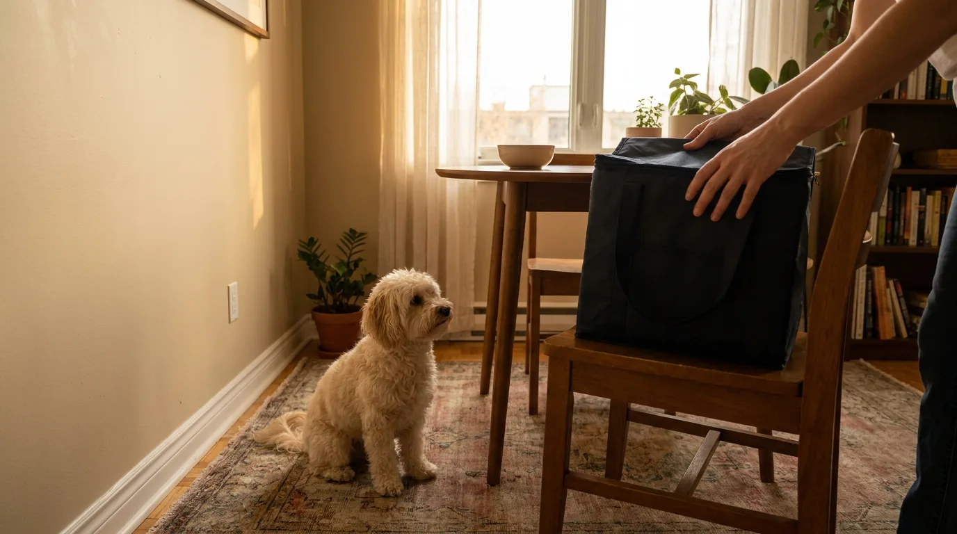A Maltipoo waits while an owner handles an insulated grocery tote.