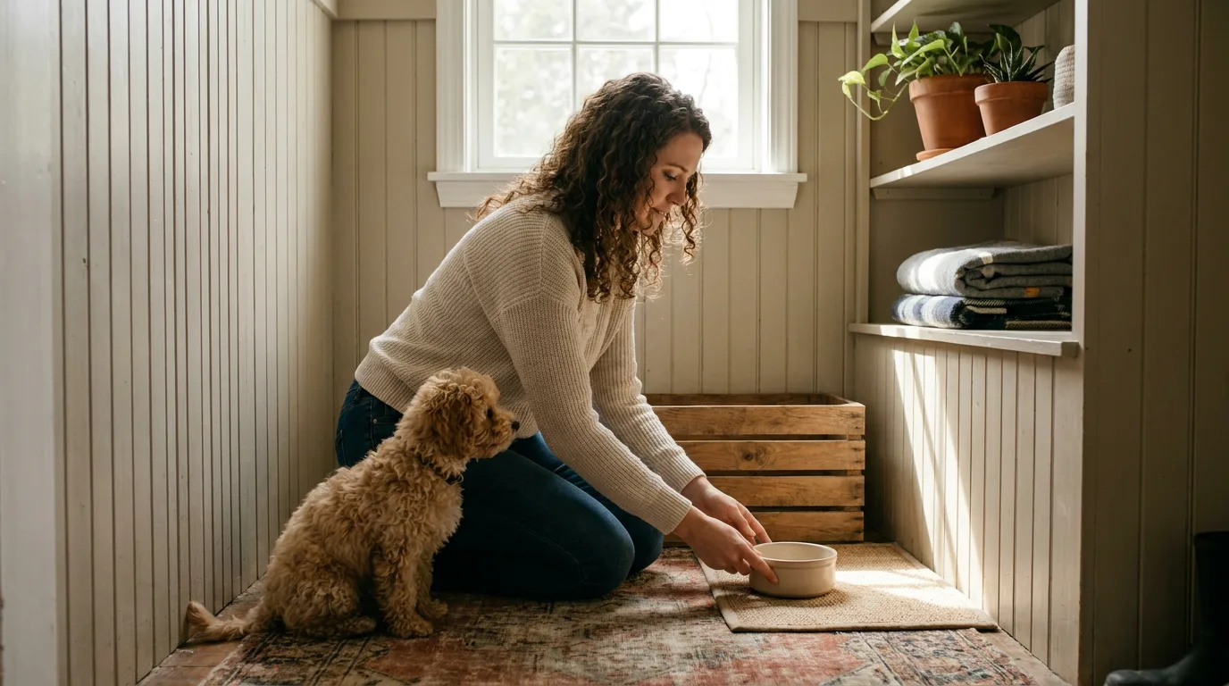 An owner sets a dish in a quiet feeding area beside a young Maltipoo.