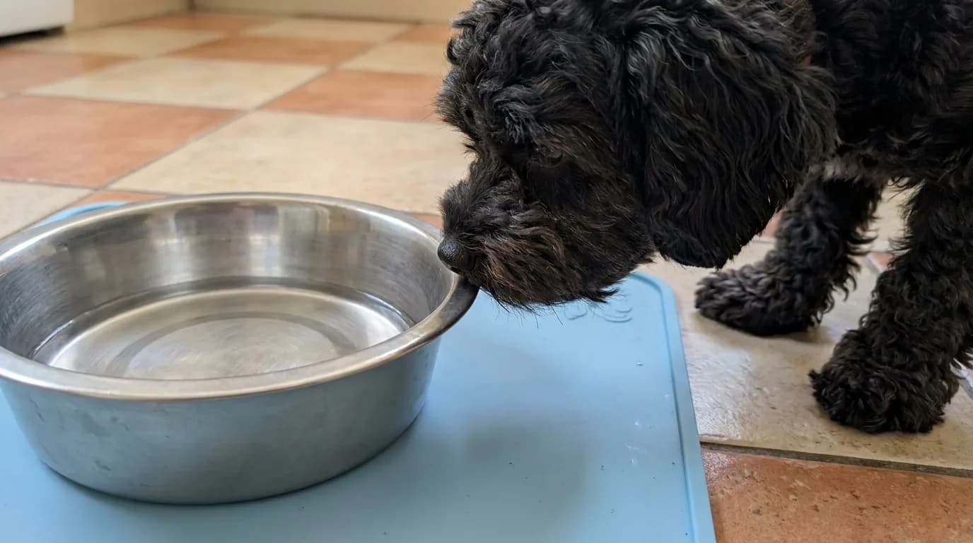 A black Maltipoo investigates a shallow steel dish on a blue mat.