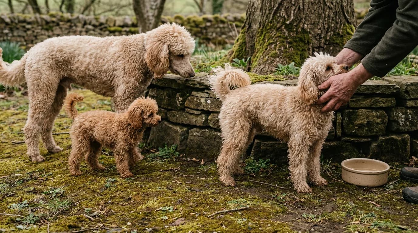 Three Poodles of different sizes stand together in a garden.