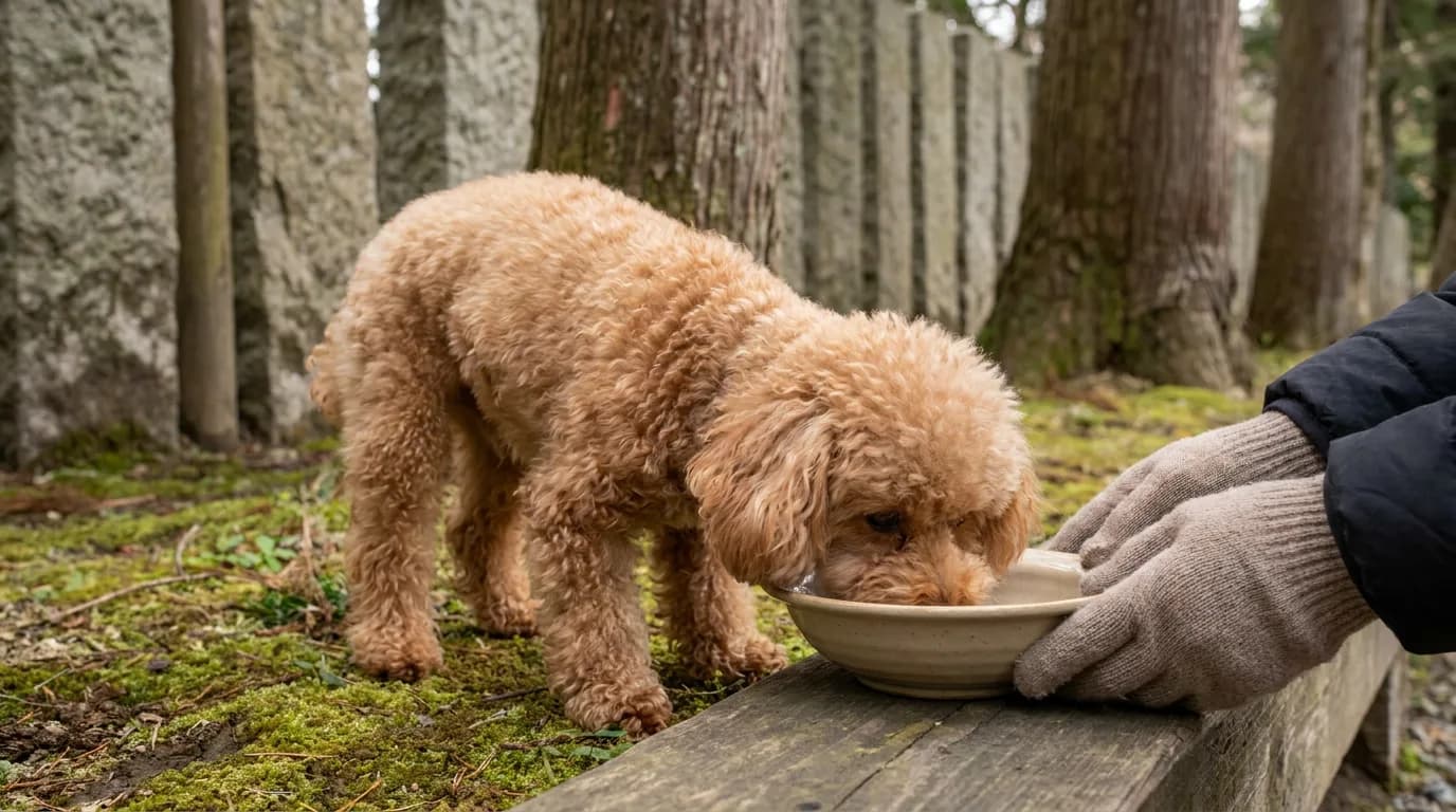 A small Poodle investigates a shallow dish.