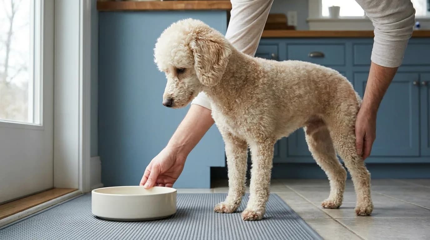 An owner places a shallow dish in front of a miniature Poodle.
