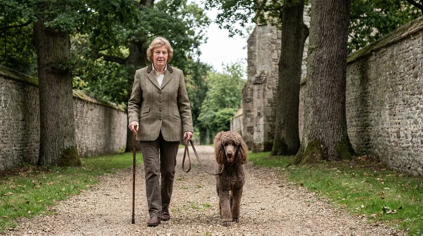 A standard Poodle walks with its owner on a garden path.