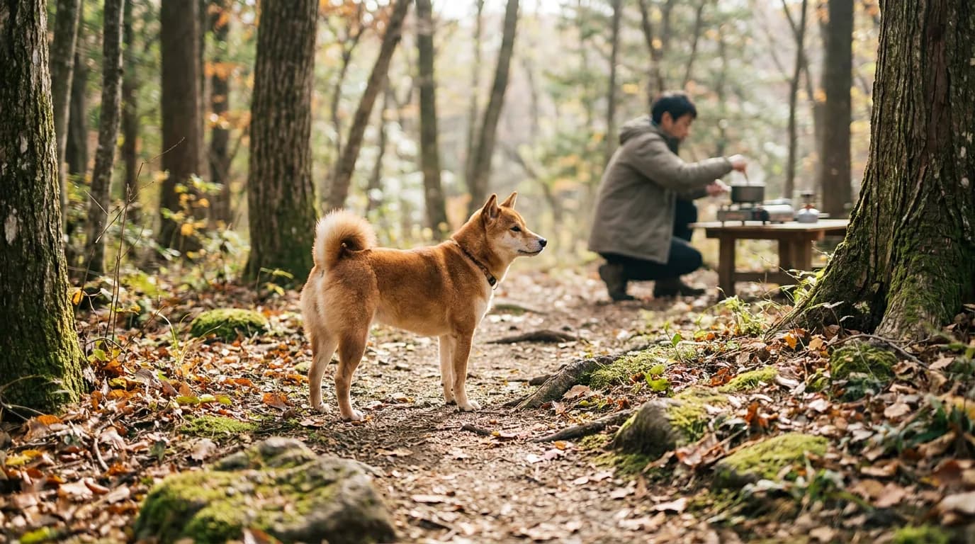 A Shiba Inu stands near its owner on a woodland walk.