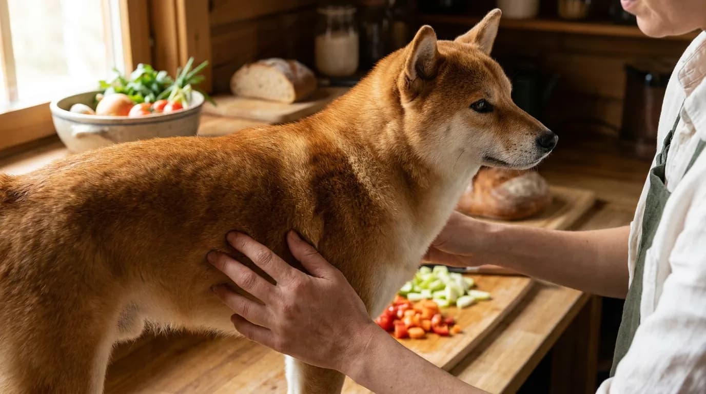 An owner feels a Shiba Inu's ribs through its coat.