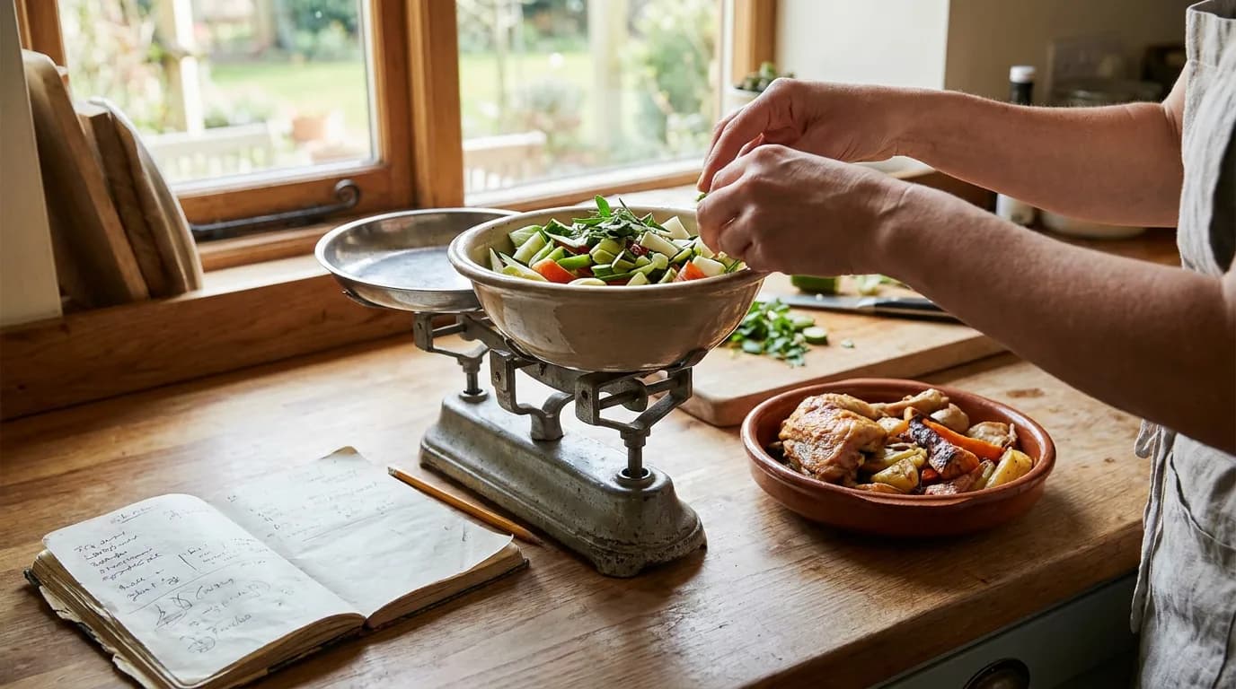 A person measures food beside a handwritten feeding record.