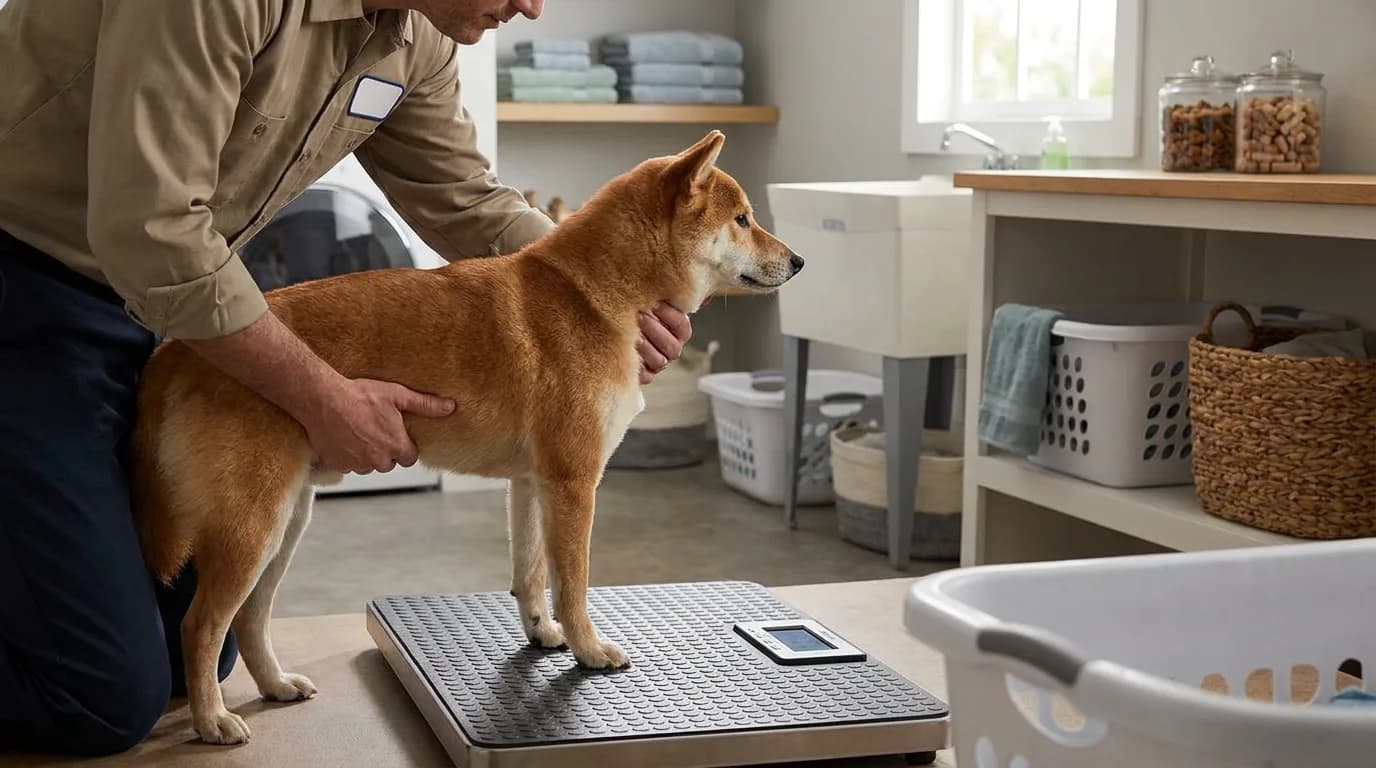 A Shiba Inu stands on a veterinary scale.