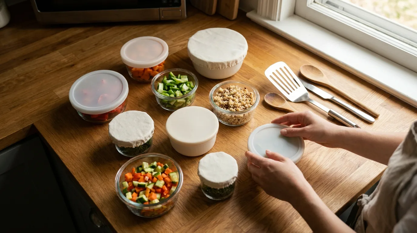 An owner covers small prepared meal containers.