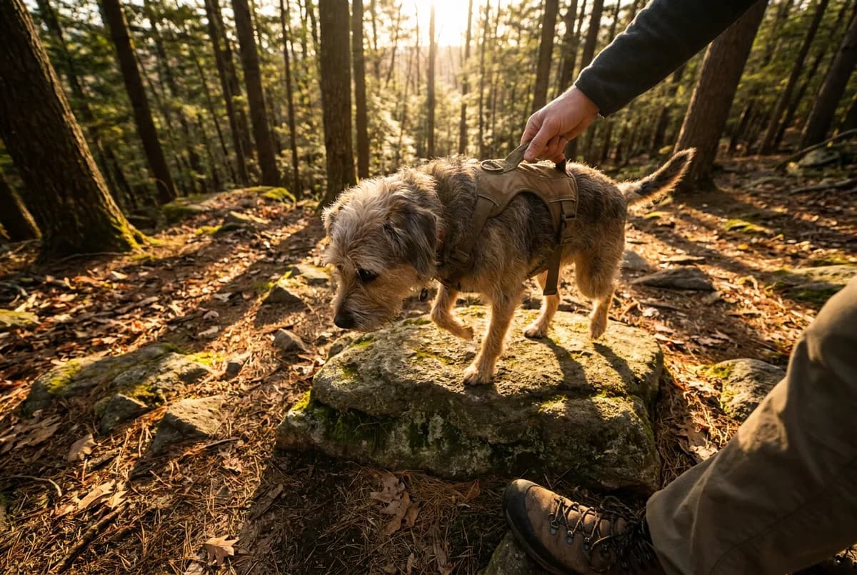 Scruffy terrier on a mossy forest trail wearing a trail harness while its owner holds the back handle