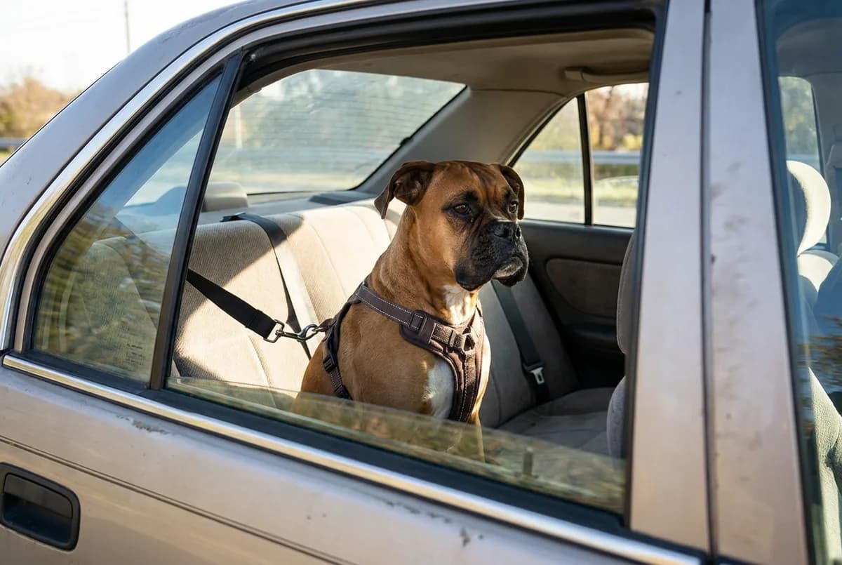 Fawn boxer sitting on a car back seat wearing a padded harness clipped to a seat belt tether