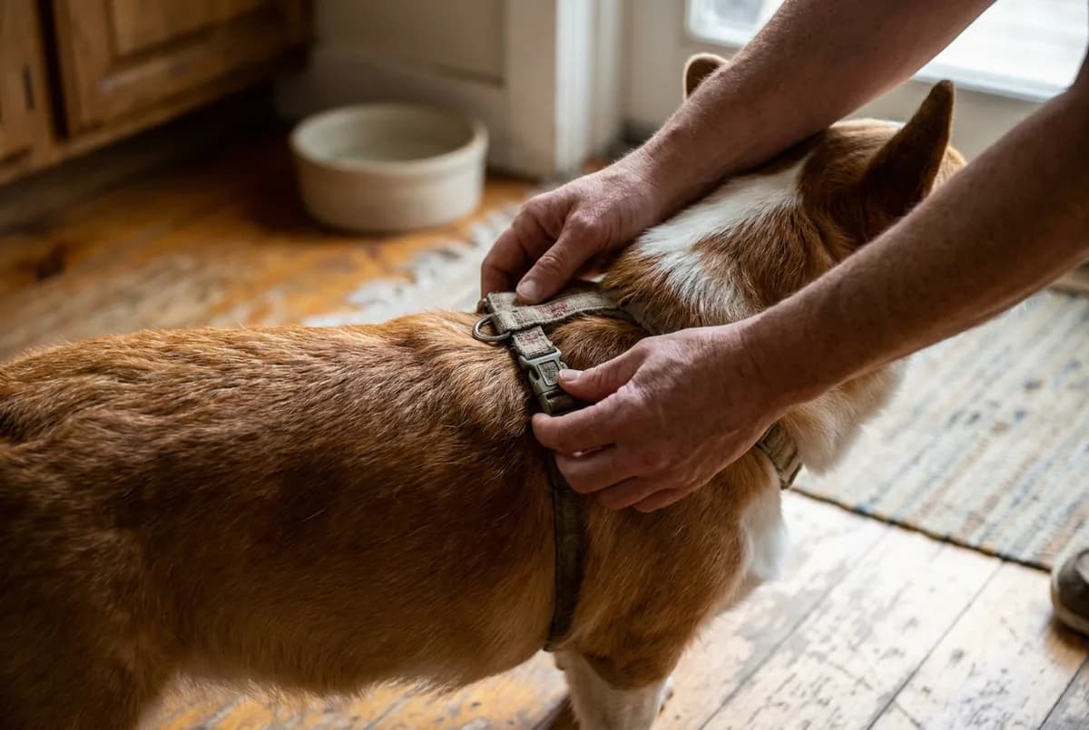 Owner adjusting the chest strap buckle on a harness worn by a corgi on a kitchen floor