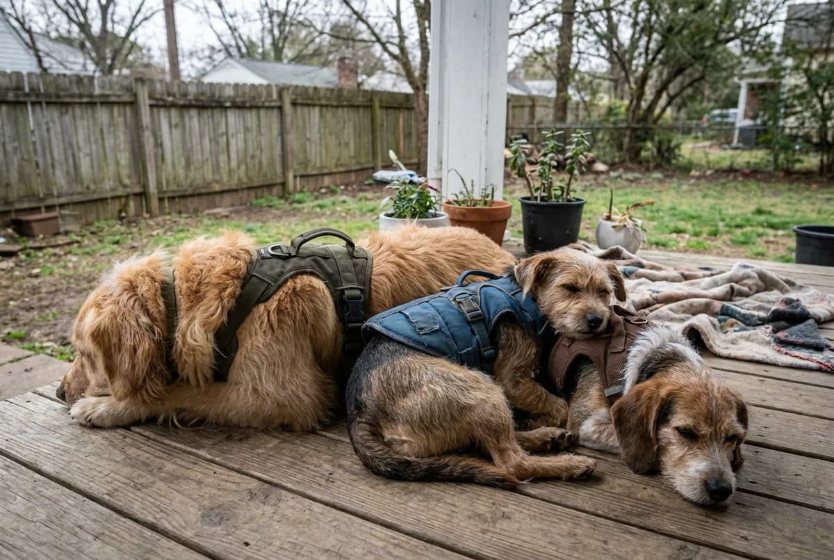 Three dogs resting on a wooden porch, each wearing a different style of harness